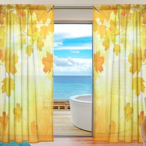2 Pieces Custom Design Home Decor Autumn Maple Leaf Sheer Curtain Photo Paint Yellow Leaves Window Curtains for Living Room