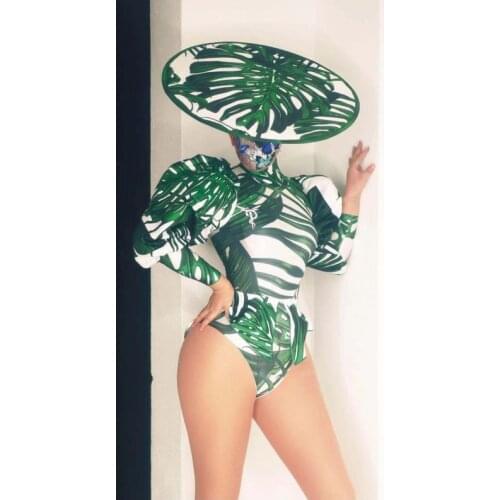 Green leaves dance bodysuit women nighclub bar dancer costume Gold party girl show outfit