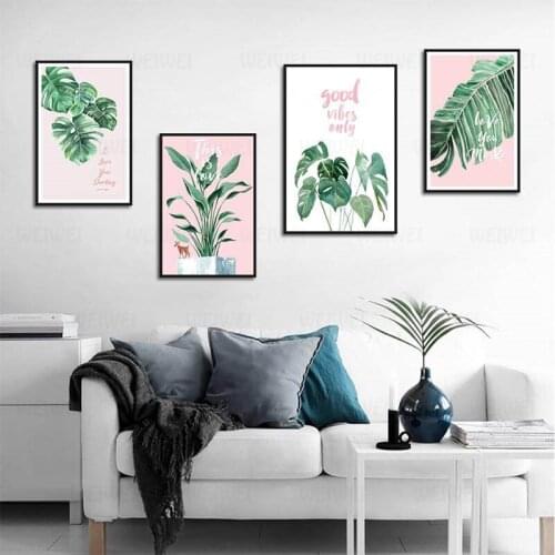 Green Leaf Pink Background Poster Fresh Nordic Style Wall Art Canvas Painting Hd Print Wall Picture For Living Room Home Decor