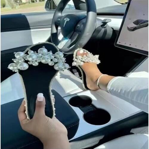 Ladies Pearl Crystal Slippers Female Hemp Casual Slides Women Open Toe Flats Slipper Female Candy Color Beach Shoes