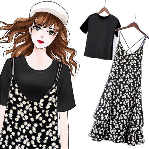 2020 Summer Women Clothes Cotton T-shirt +Long Strapless Floral Printed Dress 2 Piece Set Women Fashion Loose Casual Suits Z10