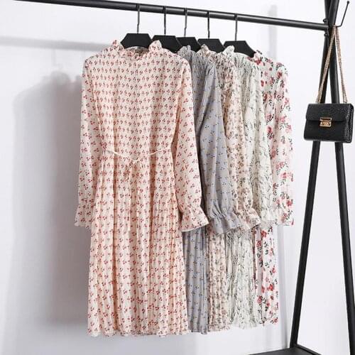 Spring Summer Lady Long-Sleeved Floral Printed Chiffon Dress Stand Collar Pleated Dresses Long Sleeve Vestido S-2XL Size