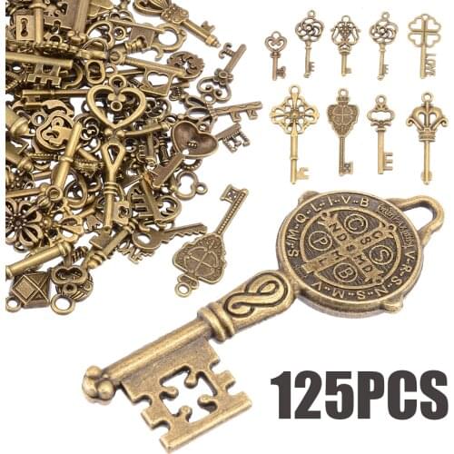 125PCs/Set Old Look Antique Vintage Bronze Ornate Skeleton Keys Lot Necklace Pendant Fancy Heart Decor DIY Necklace Craft Gifts