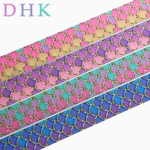 DHK 50yards mermaid fish scale printed grosgrain Ribbon Accessory hairbow headwear decoration Wholesale OEM S946