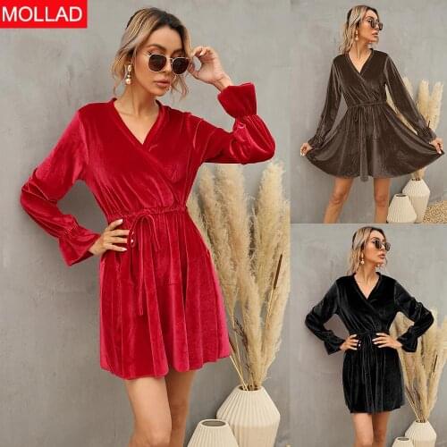 European and American Womens Clothing Popular Gold Velvet Sexy V-neck Waist-Controlled Long Sleeves Dress
