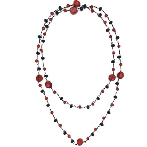 FoLisaUnique Irregular Red Coral Necklace With 6mm Coral Black Crystals Knotted Long Trendy Jewelry For Women Girl Gift 50 Inch