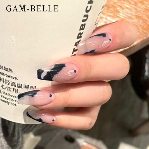 GAM-BELLE 24Pcs Simple Navy Blue Graffiti Fake Nails French Long Ballerina Full Cover Artificial False Nails DIY Manicure Tool
