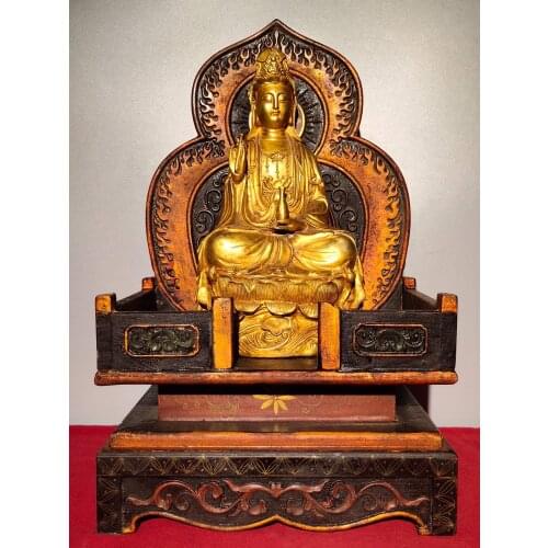 12"Chinese Folk Collection Old Bronze Gilt Guanyin Bodhisattva Lacquered wood Buddhist alcove Guanyin Bodhisattva Sitting Buddha
