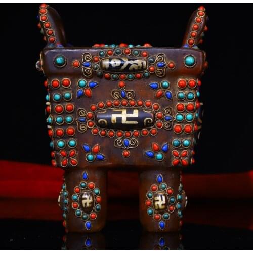 6"Tibet Temple Collection Old crystal Filigree mosaic Gem Dzi Bead incense burner Furnace tripod Keep a promise Town House