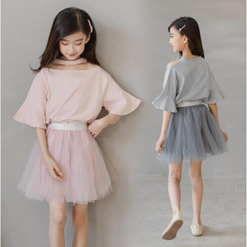 Teen Kids Girls Mesh Skirt Suits Summer 2021 Flare Sleeve T-shirt Elegant Party Celebration Clothes
