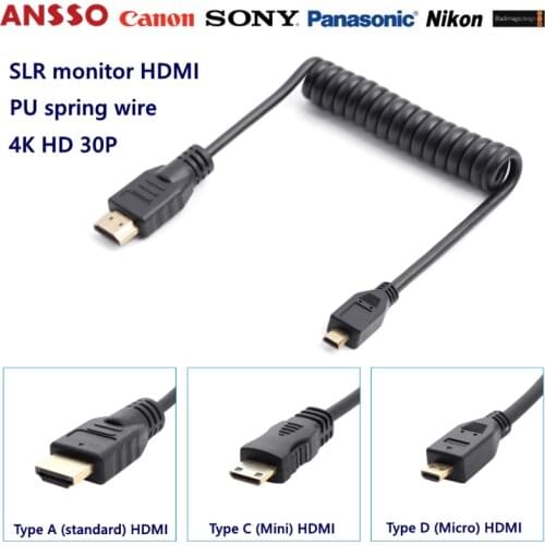 Mini & Micro -HDMI to A-HDMI spring cable short cable SLR camera monitor HD cable 4K 30P version 1.4 HDMI-compatible