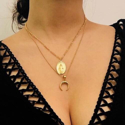 Multi Layered Our Lady Horn Necklace Women Boho Jewelry Gold Pendants Crescent Pendant Rose Gold Necklace Collier Bijoux Femme