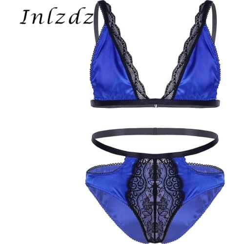 Mens Lingerie Sexy Suits Erotic Costume Satin Floral Lace Trimming Hot Bra Tops with Low Rise Briefs Male Intimates Underwear