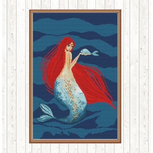 Red-haired Mermaid Patterns Kit Cross Stitch Kits Cotton Thread Embroidery Needlework Sets Wall Home Decor DIY Needlework Crafts