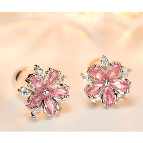 Luxury Female Pink Zircon Stone Earrings Cute Silver Color Wedding Earrings Jewelry Trendy Flower Small Stud Earrings For Women