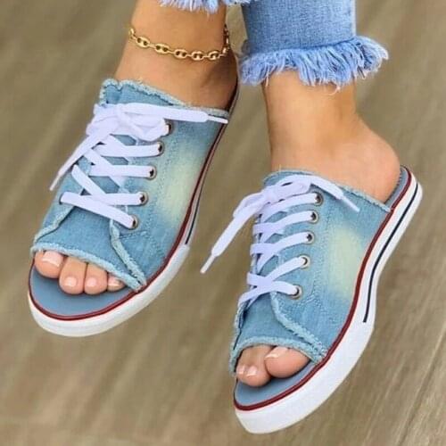 2022 New Fashion Women Canvas Sandals Breathable Summer Slippers Lace Up Open Toe Ladies Faux Denim Flat Shoes Zapatos Mujer