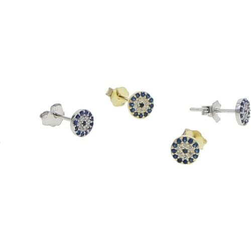 Blue white cz round earring micro pave cubic zirconia geometric round disco charm evil eye lucky girl silver stud earring 925