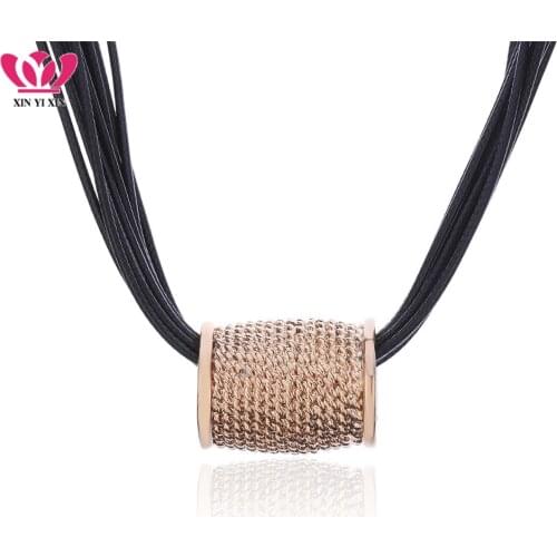Unique Rose Gold Big Geometric Pendant Necklaces Vintage Multiayer Leather Rope Chains Choker Necklaces For Women Gifts Hot Sale