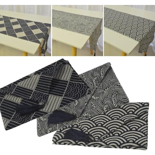 Japan Style Printed Blue Ukiyoe Weave Table Runner Tea Table Shose Cabinet cover Table Flag With Tassel Christmas Table Runner
