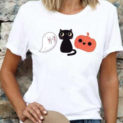 Women Cat Pet Lovely Pumpkin Fall Autumn Thanksgiving Halloween Cartoon T Top Shirt Fashion Tee Print Female Graphic T-Shirts
