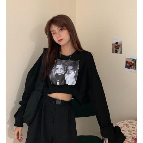 Women hoodie sweatshirt crop top Ladies Fashion Printed pattern O-Neck Long Sleeve Sports Pullover Female Casual Korean Clothes