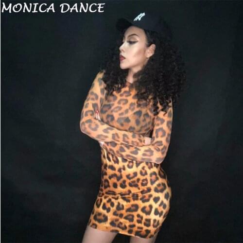 Women Sexy Stage Costumes for Dj Transparent Bodysuit And Spandex Short Skirt Leopard Print 3D Printed Nightclub Party Costumes