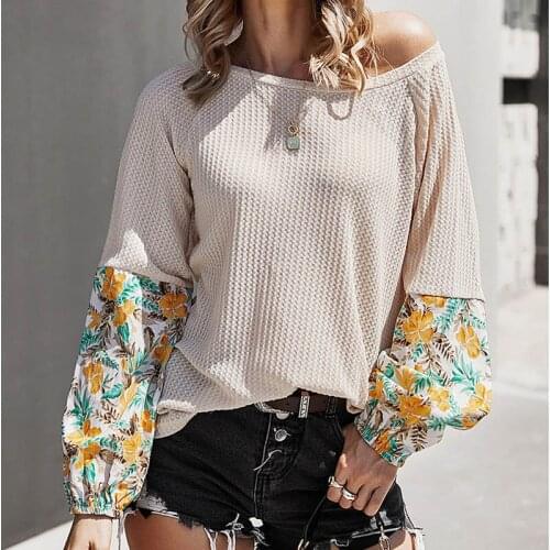 Women O Neck Floral Print Splice Spring Autumn Pullovers Tops Girl Chic Casual Loose Long Sleeve T-shirt