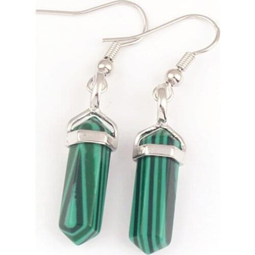 Trendy-beads Silver Plated Small Hexagon Column Malachite Stone Drop Earrings For Women Charm Jewelry