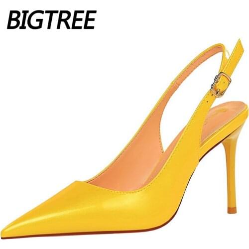 Pointed Toe Woman Pumps Patent Leather High Heels Back Strap Hollow Heels Sandals Hasp Women Shoes Office Shoes Plus Size 41 42