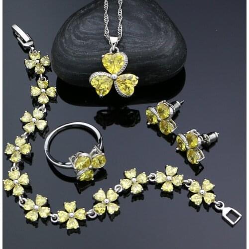 925 Sterling Silver Jewelry Sets For Women Yellow Cubic Zirconia Stud Earrings Pendant Ring Bracelet Necklace Sets Silver Sets