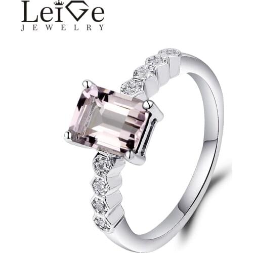 Leige Jewelry Natural Morganite Wedding Ring Emerald Cut Silver Rings with Stones Anniversary Gift for Women Fine Jewelry