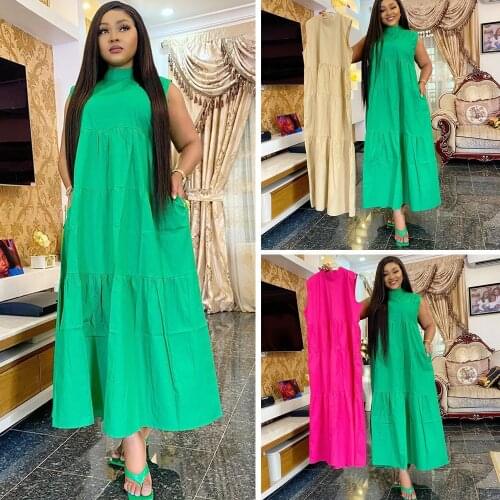 Women Solid Color Pleated Long Dress Sleeveless Maxi Dress Africa Kanga Clothing Ankara Ladies Kaftan Loose African Clothes New