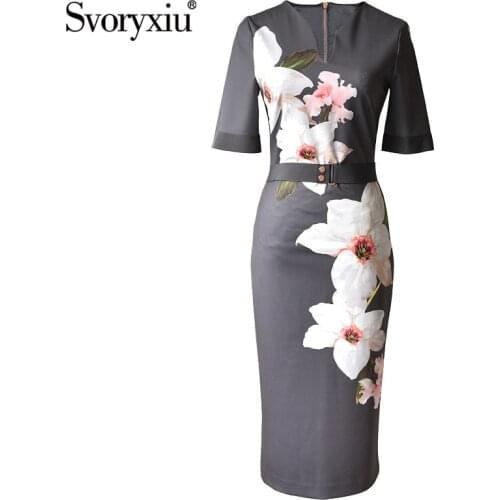 Svoryxiu Designer Custom Summer Party Vintage Big Flower Print Dresses Womens Sexy Deep V-Neck Short Sleeve Slim Dress Female