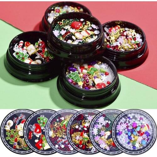 1 Jars Nail Christmas Jewelry Tree/Snowman/Elk/Gift/Hat/Socks Nail Art Rhinestones Alloy Metal 3D Pearl Nail Decorations Tr#49