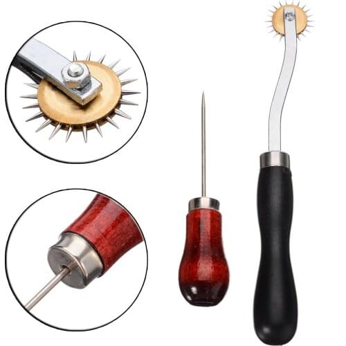 2pcs/set Wood Handle Stitch Leather Sewing Wheel Overstitch Wheel Awl Punch Hole Sewing Spacer For Leatherwork Sewing