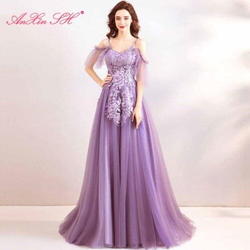 AnXin SH luxury princess violet lace flower vintage party sparkly spaghetti strap ruffles beading purple evening dress 3126