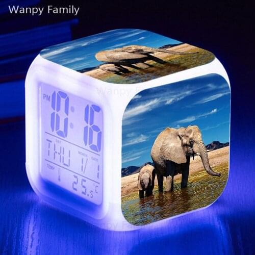 Elephant Alarm Clock 7 Color Glowing LED Touch Sensing Alarm Clock For Kids Gift Multifunctio Digital Flash Watches Clock