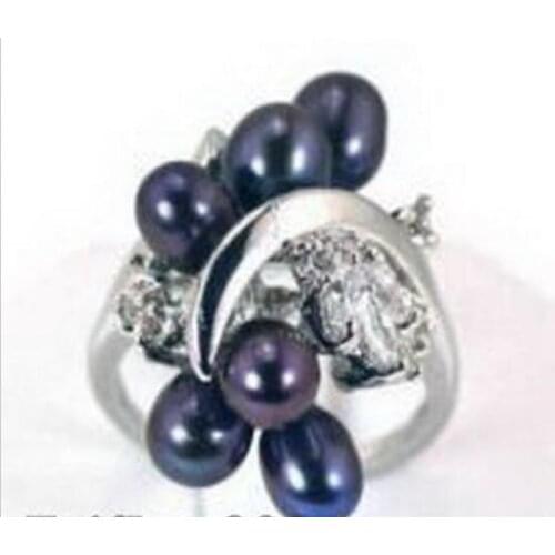 Hot sale new Style >>>>Real Black Blue Pearl 18KWGP Crystal Ring Size: 7.8.9