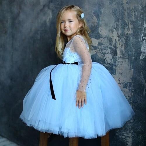 Summer Baby Girls Dress Beaded Tulle Tutu Long Sleeve Kids Birthday Party Gowns Photography Props