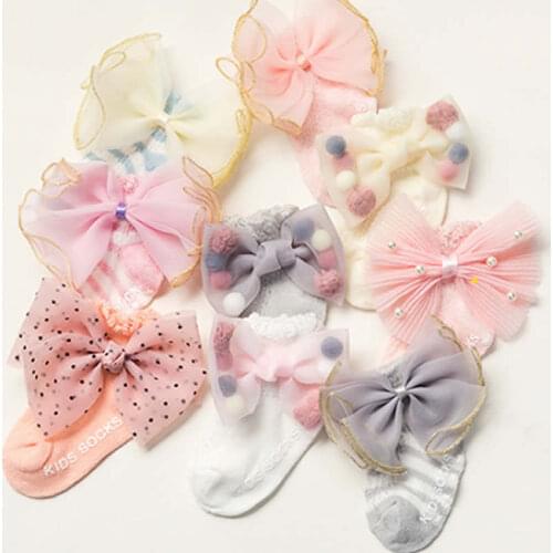 Newborn summer Non-slip socks dispense full bow cotton Girl mesh thin socks new born large lace bow pearl high quality