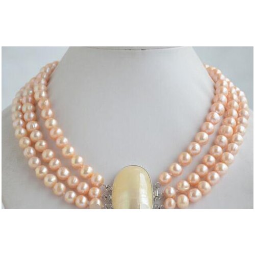 3strands 9mm round pink freshwater pearl necklace mabe clasp