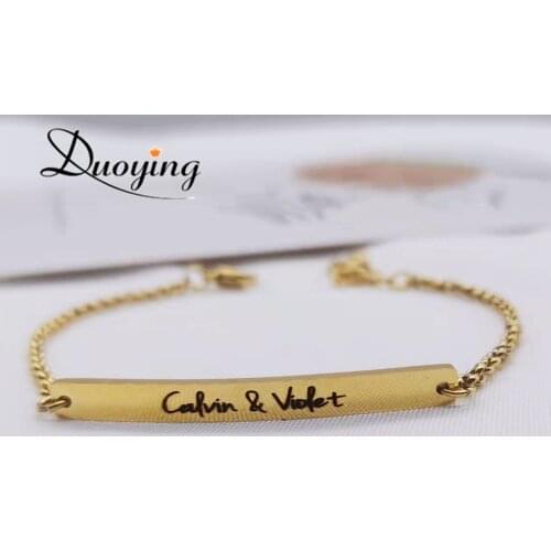 DUOYING Personalized bracelet for women Custom engraved bracelets Gold Chain link Bar bracelet Gift For Xmas Day