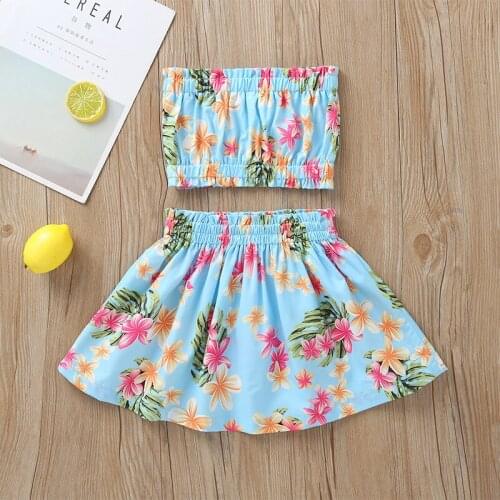 Girls Summer Two Piece Set Fashion Casual Plant Printing Cute Tube Tops and Stylish Elastic A-line Short Skirt Suit