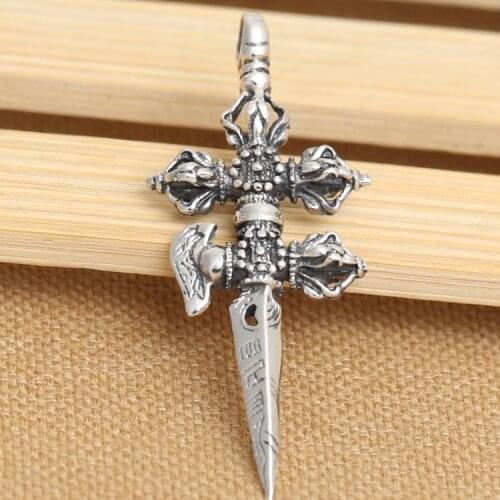 Handmade 925 Silver Tibetan Dorje Knife Pendant vintage sterling silver Dorje Knife Amulet Pendant Buddhist Vajra Knife Amulet