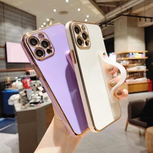Luxury Gold Plated Plain Simple Case For iPhone 11 Pro Max 12 Mini XR XS X 7 8 Plus SE2020 Soft Silicone Wrist Strap Stand Cover