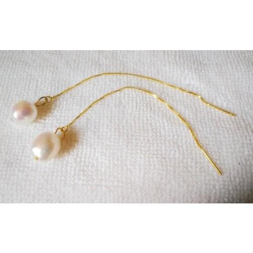 11mm white baroque pearl 8cm 925 gold chain dangle Earrings Real Natural Freshwater pearl