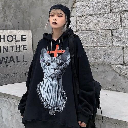 Spring Autumn Womens Gothic Harajuku Sweatshirt Vintage Hip Hop Cat Print Loose Plush Hoodies Female Clothing Fashion Pullover