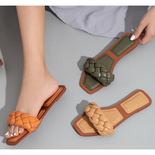 Women Square Toe Slippers 2021 Summer Woman Weave Slides Womens Comfortable Flats Ladies Casual Female Beach Shoes Plus Size