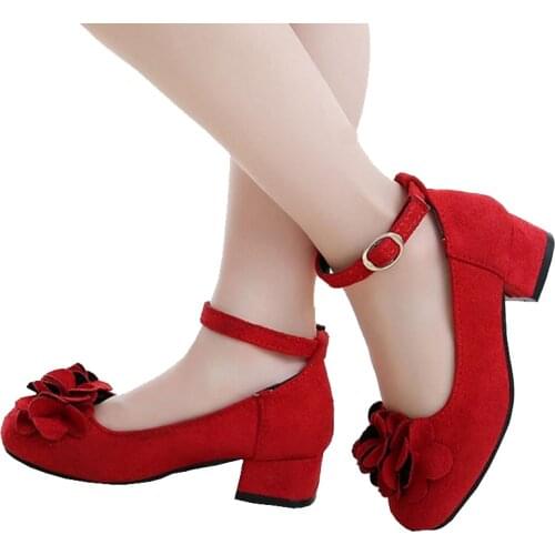 Flower Children Girls High Heeled red Suede Leather Princess Shoes For Teens Girls School Party And Wedding Dance Casual Shoes