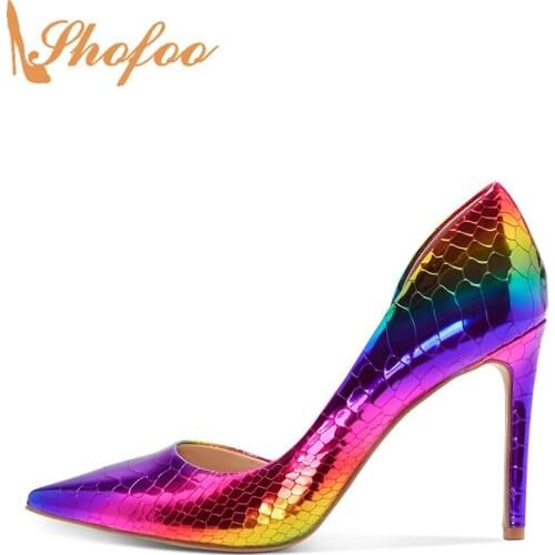 Rainbow Snake Metallic Pumps High Thin Heels Women Patent Leather Pointed Toe Big Size 12 15 Ladies Fashion Mature Shoes Shofoo